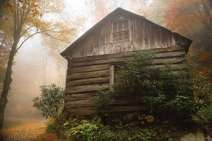 This fog-shrouded old building is in Linville, North Carolina near the Blue Ridge Parkway. Its original use was for a mill house where the owner ground corn.
