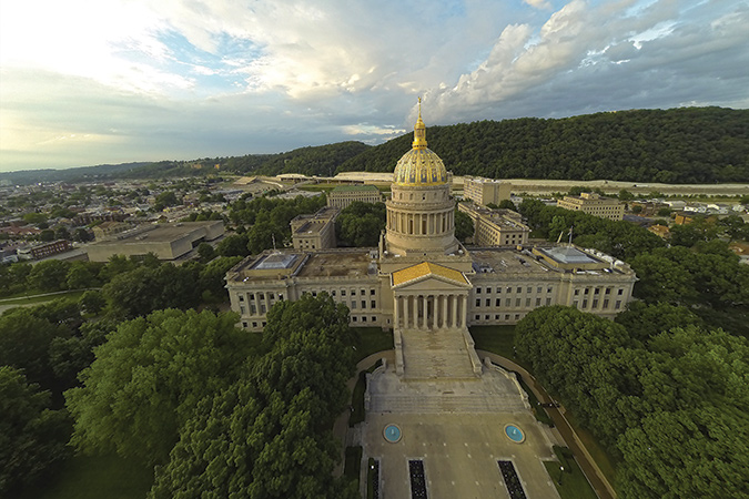 The West Virginia State Capitol Building is a focal point for downtown Charleston, along the Midland Trail in the state.