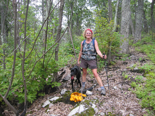 The Greatest Day Hiker Of Them All with black dog and orange mushrooms, and taking a respite from chigger dismay.