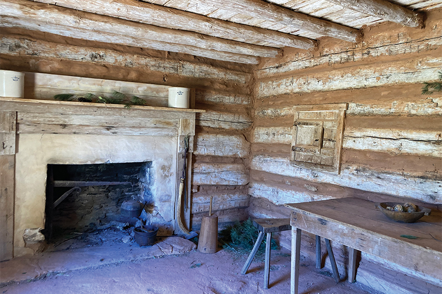 The reconstructed interior of Washington’s childhood plantation cabin.