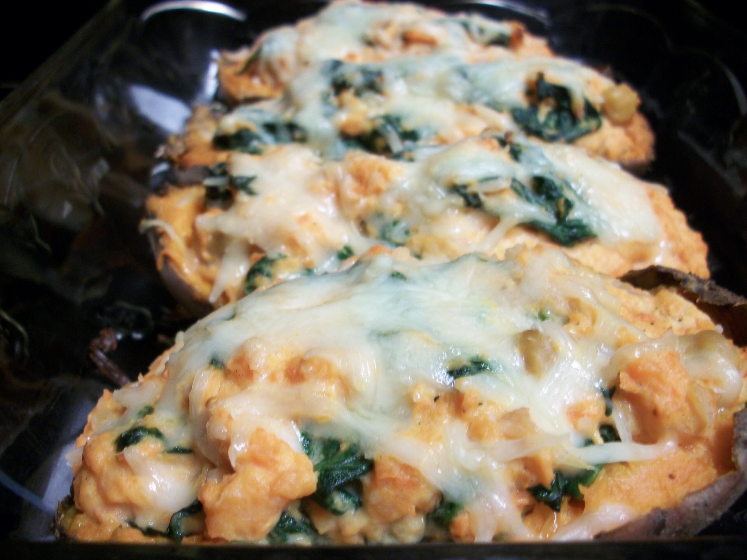 A healthy sweet potato skin loaded with good stuff.