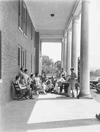 Actors rehearse at Stonewall Hill, part of the former Stonewall Jackson Institute campus and another early dormitory for the Barter players.