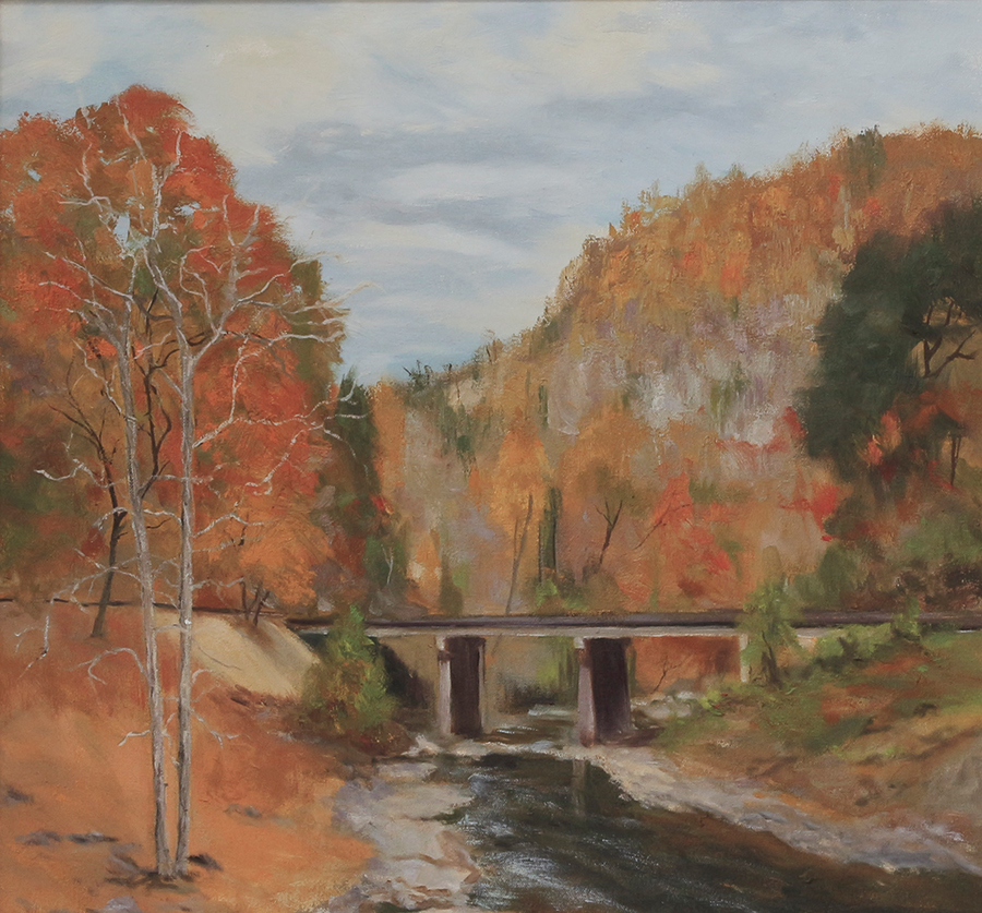 Fall on Cheoah Creek at Tapaco Lodge: Fall is a welcome season for photographers and painters after the overabundance of summer’s green foliage. I found this scene along Hwy 129 in North Carolina near the Tennessee border.  I knew immediately I wanted to paint it in that it combined so many elements I look for in a landscape: dramatic scenery including a creek and an architectural element. Best of all it, was from the deck of a popular eatery.