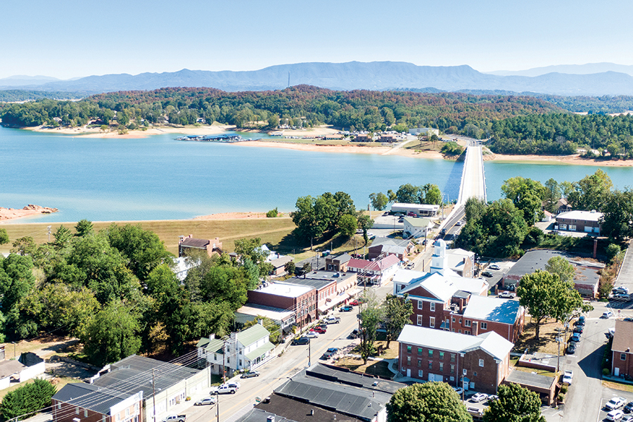 TVA’s Douglas Lake meets downtown Dandridge, with the Great Smoky Mountains a distant blue border.