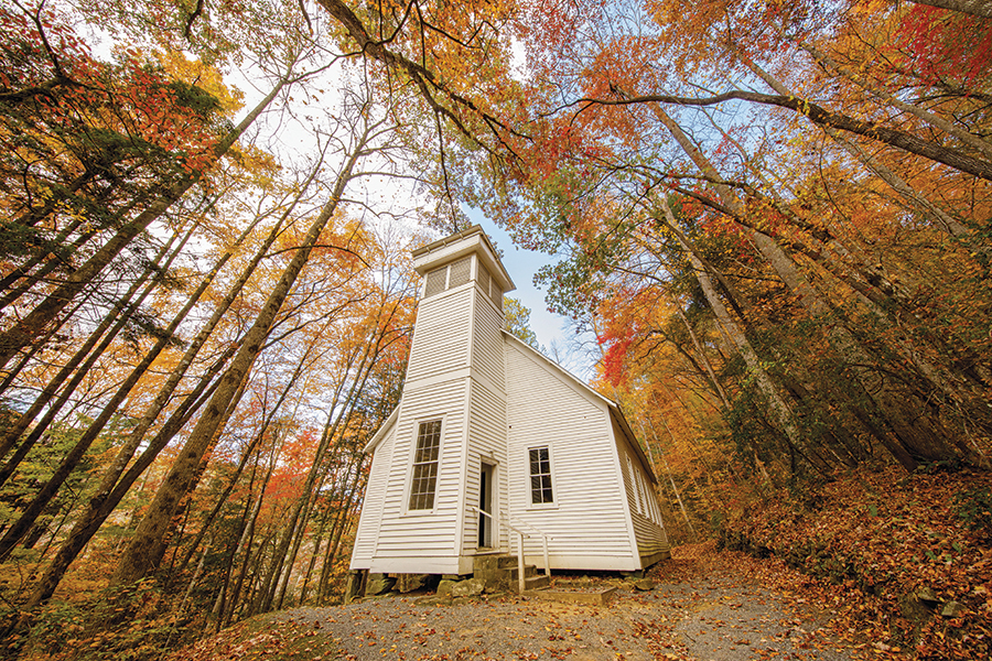 Located in Great Smoky Mountains National Park, Lufty Baptist Church was established in 1836 and reconstructed in 1912 near the Oconaluftee River, from which it takes its name. From the photographer:  “Utilizing a close proximity, low-to-the-ground vantage point with ultra wide-angle lens allowed me to capture an unobstructed view of the church with maximum fall colors.”