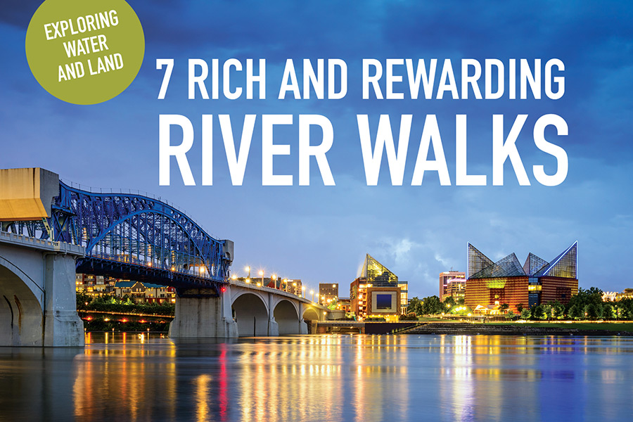 The Market Street Bridge and downtown Chattanooga reflect on a calm-surfaced Tennessee River.