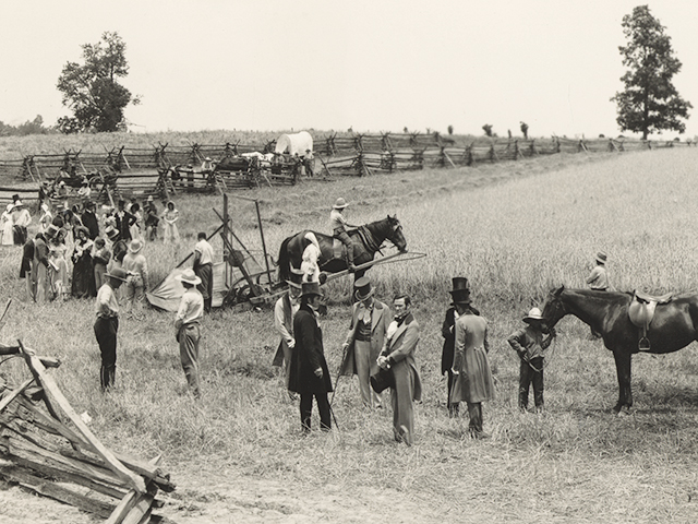 This production still is from the 1937 Fox Hearst film “Romance of the Reaper,” which was produced by International Harvester to celebrate the McCormick reaper’s centennial. The scene is a re-creation of the first reaper test.