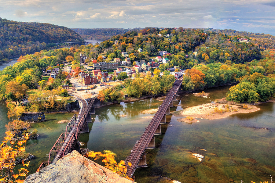 A sweeping town-river panorama greets those who reach the summit of Harpers Ferry, West Virginia’s Maryland Heights Trail.