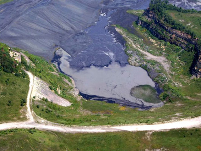 Photo of a sludge dam near a mountaintop removal coal mining site near Blair Mountain, in Logan County, WV.