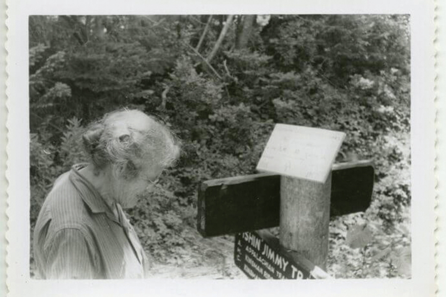 Emma Gatewood pauses at Lonesome Lake, New Hampshire, on her 1957 Appalachian Trail hike, her second walk of the entire 2,000-plus miles of the trail.