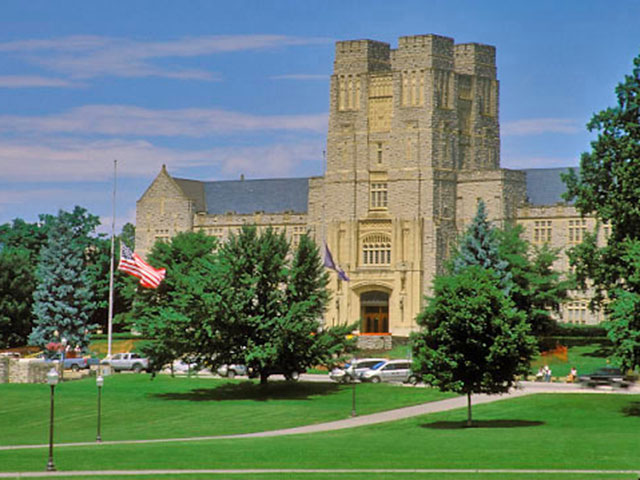 Virginia Tech turns the small town of Blacksburg into a bustling, active community with a student population of more than 30,000. Shown here: Burruss Hall and the drill field.