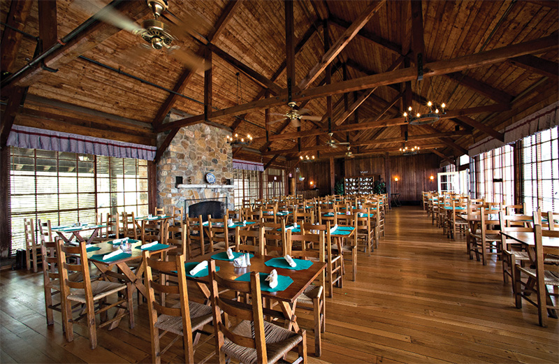 Rustic charm defines Spottswood Dining Room at Big Meadows Lodge.
