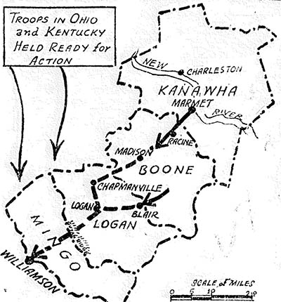A map tracing the route of the “On to Mingo” miners’ march.