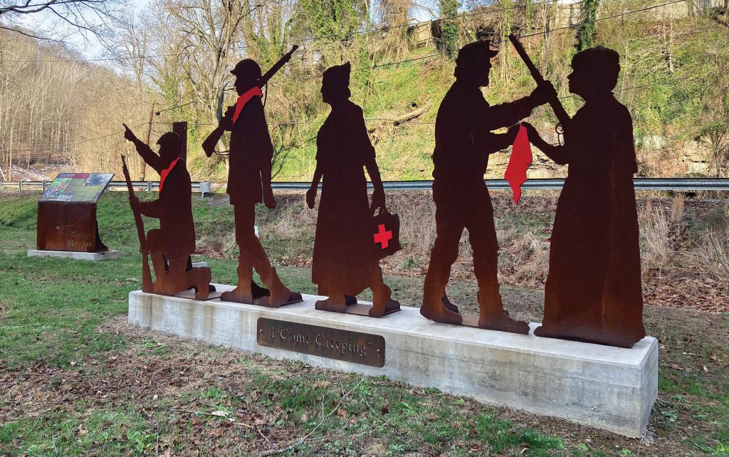 A Courage in the Hollers monument stands at the Clothier UMWA union hall. 