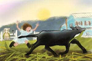 kid chasing a cow