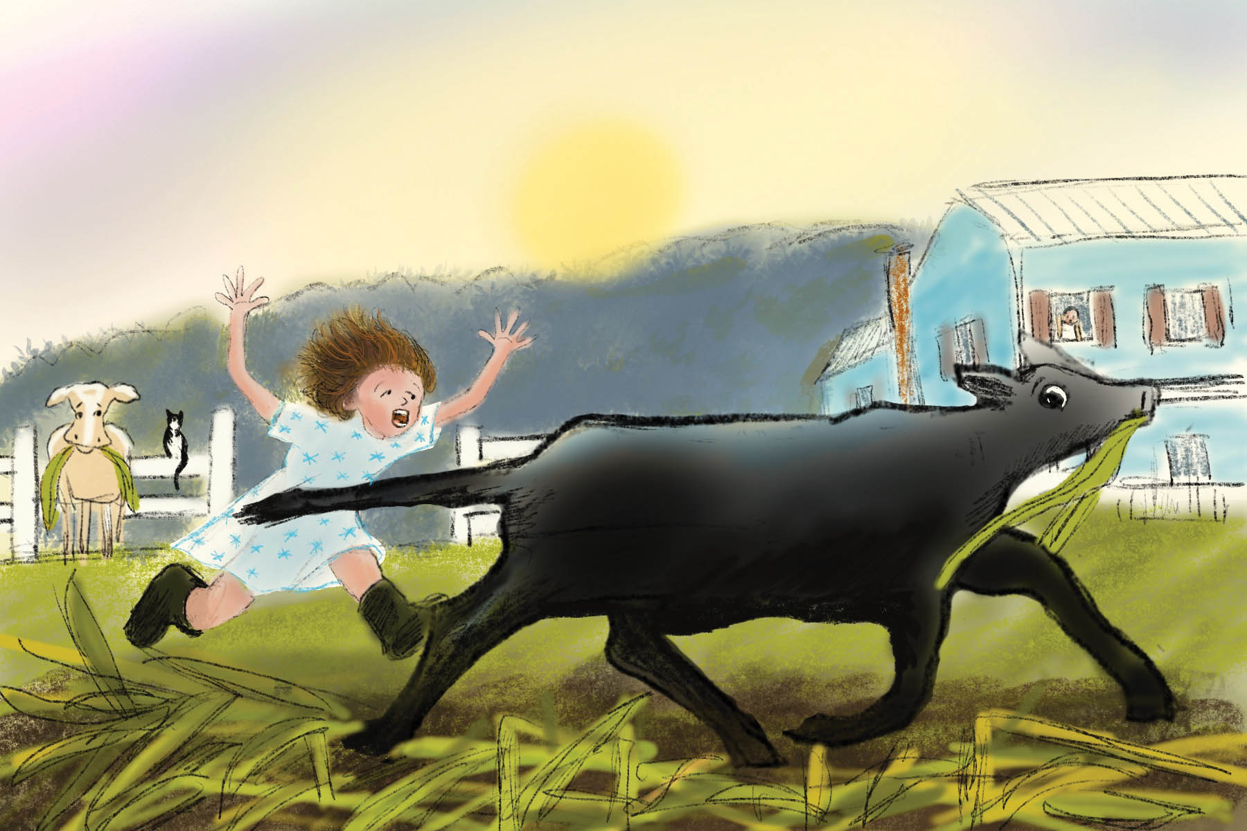 kid chasing a cow