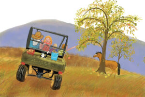 Pear tree, a horse and family in a truck illustration