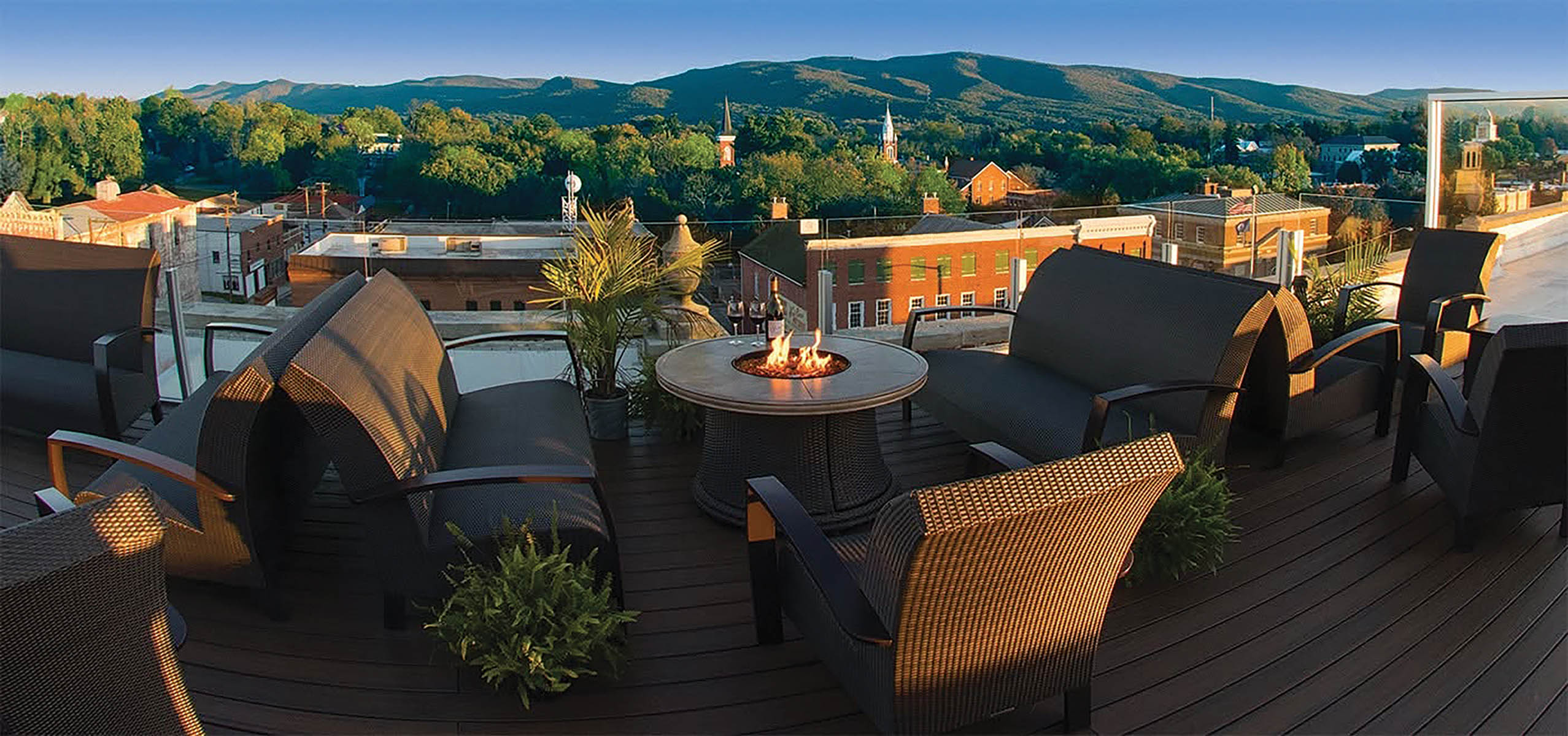 The hotel’s rooftop terrace, affectionately known as The Perch, offers exceptional mountain views.