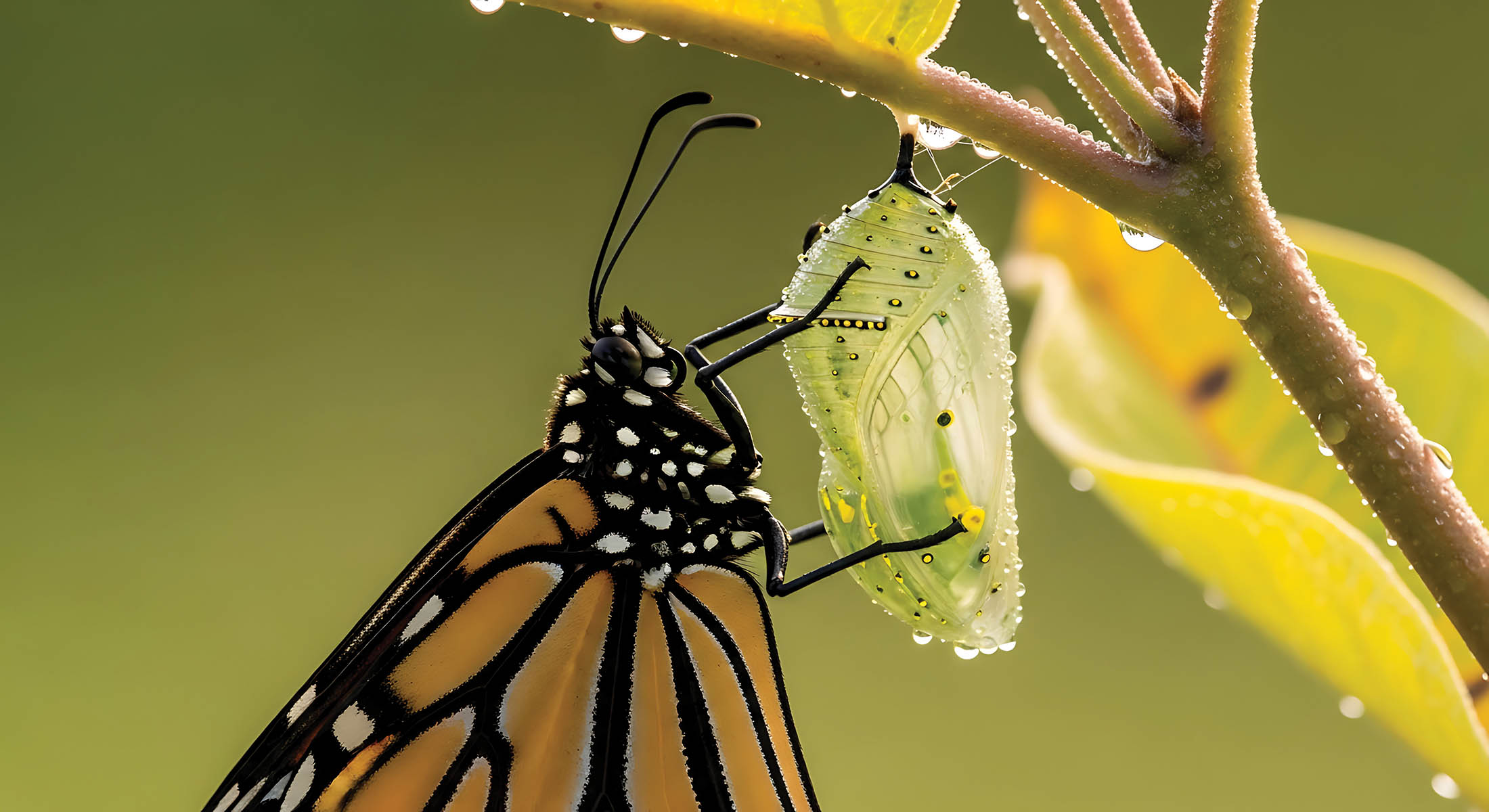 Vibrant Monarch butterfly clings to its translucent dew covered cocoon