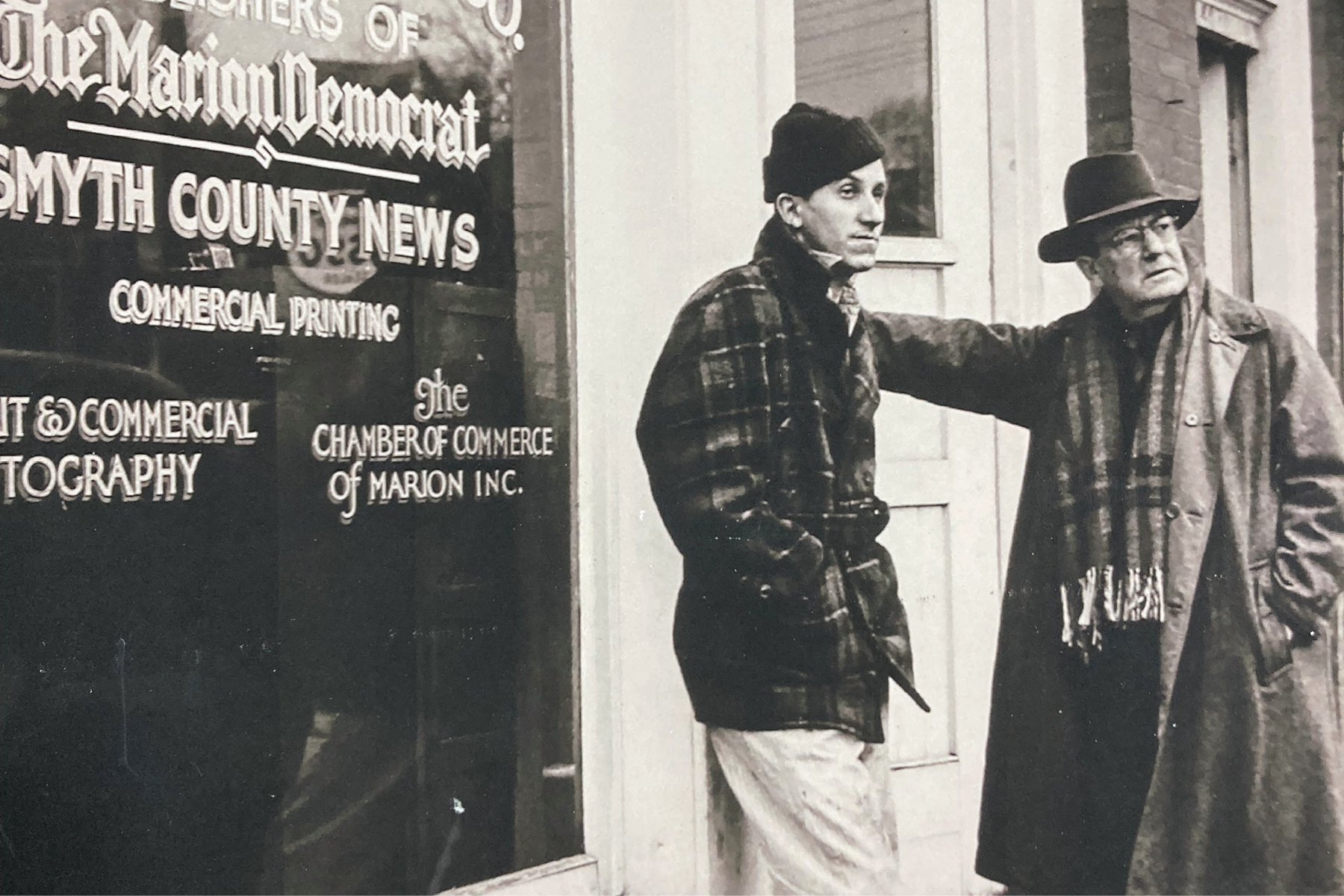 Sherwood Anderson and printer Howard White outside the Marion news office, in one of the last photos taken of Anderson.