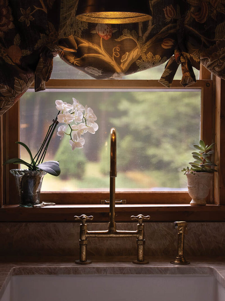 Leach selected an unlacquered brass faucet for its warm finish and the natural patina it will develop over time.