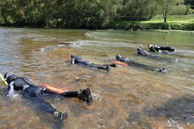 Snorkelers in the Clinch River in Scott County, Virginia, work to document all mussel species present at the site.