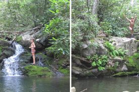 Left: Aden comes off the rocks as Matthew looks on. Right: Matthew heads for the water.