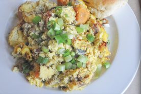 The origins of Early Girl’s sweet potato scramble: leftovers that had gotten a little too “mushy,” and bacon and sausage that happened to be around that day.