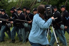 Blue Ridge PBS staffer Carol Jennings films Union troops at New Market, Va.