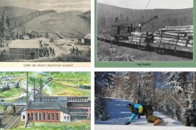 Clockwise from top left: 
• Fort Milroy rendering,1861. 
• Harvesting timber near Cheat’s summit in the early 1900s. 
• Cass was once home to a bustling train station and numerous families who brought life to the railway.
• Snowshoe Mountain Resort is among the Southeast’s premier winter destinations. (Photo courtesy Snowshoe Mountain Resort)