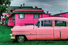 The Pink Cadillac Diner, near Natural Bridge, Virginia, offers all-day breakfast items plus ice cream and pervasively pink decor.