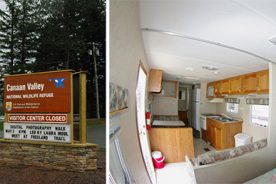 Left: The entrance to Canaan Valley National Wildlife Refuge. Right: The trailer is adjacent to the refuge office and visitor center. Every day or so I fill up the holdng tank, empty the gray water, etc. I do have electricity, even polarized plugs to plug in my chargers, etc. It has been very windy and rainy -- a good thing the trailer is anchored.
