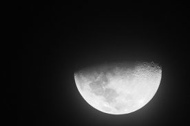 A half moon photographed through a telescope at the Primland Observatory.