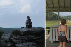 Left: The Greatest Day Hiker Of Them All pauses atop 4,365-foot Bald Knob. Right: The boathouse is at the water's edge in good times for Mountain Lake; on this day, it's a long way over dry land from the minimal remnant.