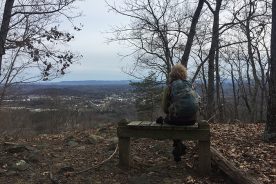 The Day Hiker overlooks Rocky Mount on a gray day along Grassy Hill's ridge line.