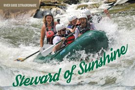 Jules Johnson—the grinning guide at rear of raft—has been taking rafters through Class III and IV rapids on the Ocoee River for 20 years.