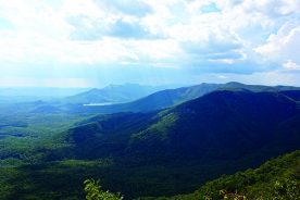 Sharp Drop: The falloff from the mountains of South Carolina’s Caesars Head (foreground) and Table Rock (on the horizon)state parks onto the Piedmont is starkly illustrative of the unique character of the Blue Ridge Escarpment.