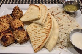 Red Meze kebabs, like this chicken one, are always accompanied by rice with orzo.
