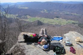 A girl and her dog pay no attention to the killer view from Tinker Cliffs.