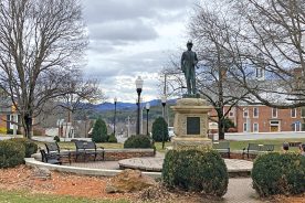 Burnsville’s New England-style town square is overseen by War of 1812 hero Captain Otway Burns.