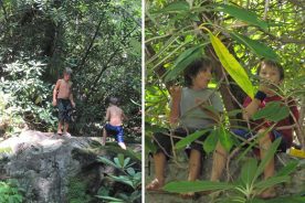 Left: Aden and Matthew prepare to jump again. Right: What better place for lunch than your own boulder tucked away on the hillside.