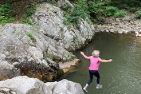 The Greatest Day Hiker of Them All takes the jump at Arnold Valley Pool, June 16 (the family gave her a standing O).