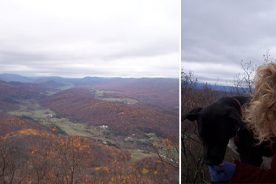 Left: The view along this old-and-new Appalachian Trail hike. Right: Gail and Cookie.
