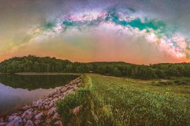 "Summit Lake is at 3,400’ in elevation and the Cranberry Glades Wilderness surround it to create a great place to shoot a springtime Milky Way panorama. North is to left, east at the center and the southern sky is on the right." —Dave Green