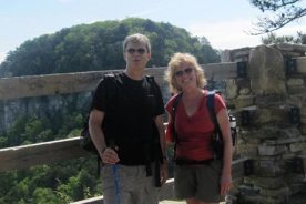 Gail and Kurt at the third overlook of the Jomeokee Trail with Pinnacle Mountain behind.