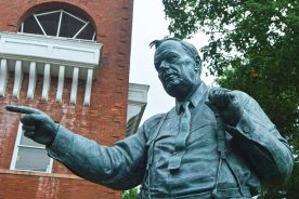 A statue of defense attorney Clarence Darrow stands outside the historic courthouse in Dayton, Tennessee, where the “Monkey Trial” took place in 1925.