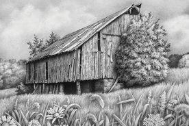 Baker Barn: The Baker Barn once stood in Monongalia County, West Virginia, as part of the historic Baker Family Farm, which was slated to be removed to make way for a highway. But a gentleman visiting from Colorado bought the barn from the Baker family, had it dismantled and shipped to Colorado where it stands today, reassembled and covered with Cedar shingles. I was commissioned to draw it as it was, before a single board was removed.