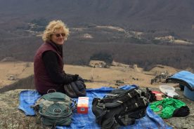 Gail on Tinker Cliffs with wintry Catawba Valley below, Jan. 21, 2018