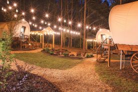 Welcome Valley Village, Benton, Tennessee, offers glamping in Conestoga wagons.