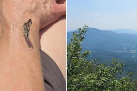 Left: A companion joins Gail at lunch. Right: A hot, hazy view from Tinker Cliffs southward into the Catwaba Valley, with McAfee Knob at left.